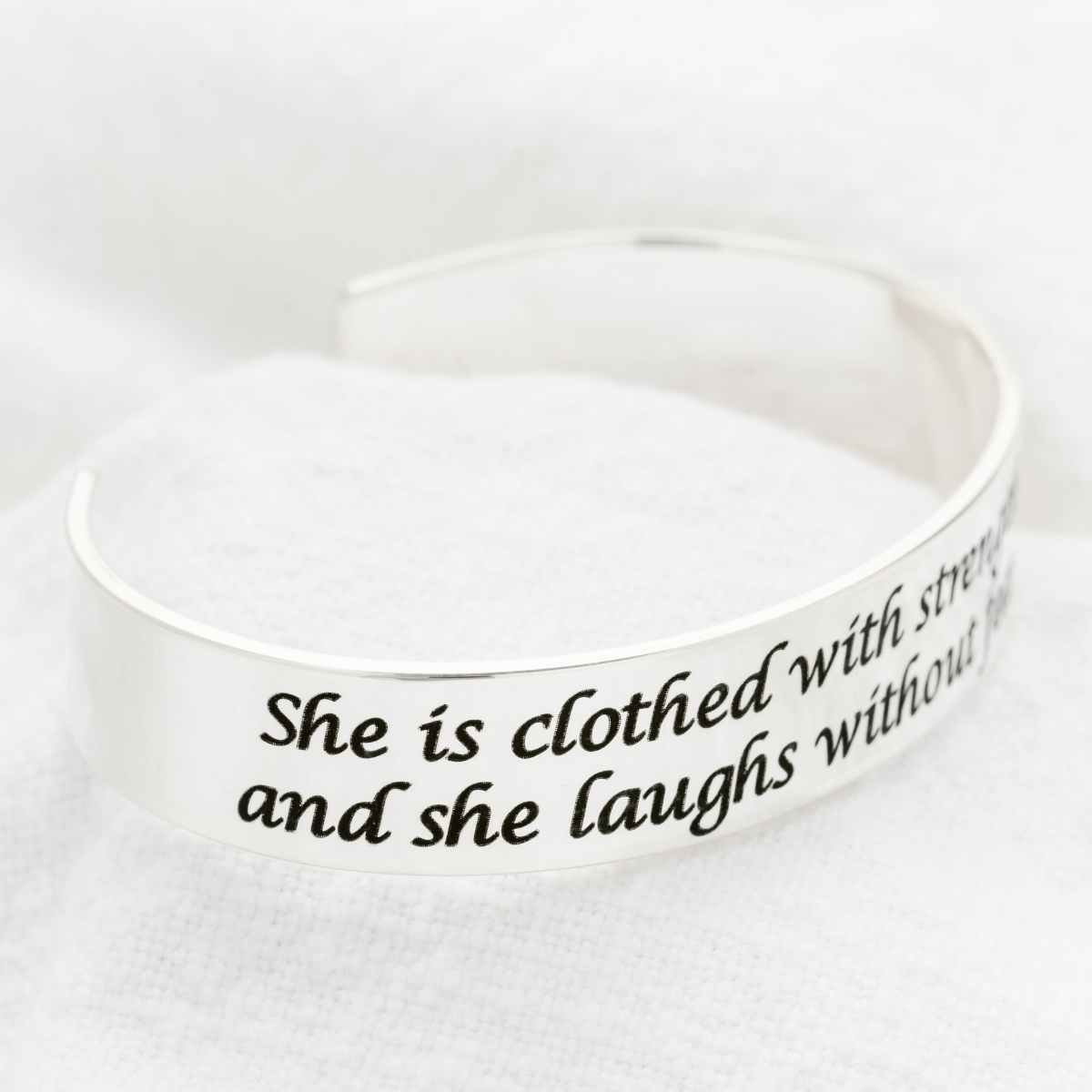 Proverbs 31:25 Engraved Cuff Bracelet | Sterling Silver or 14k Gold