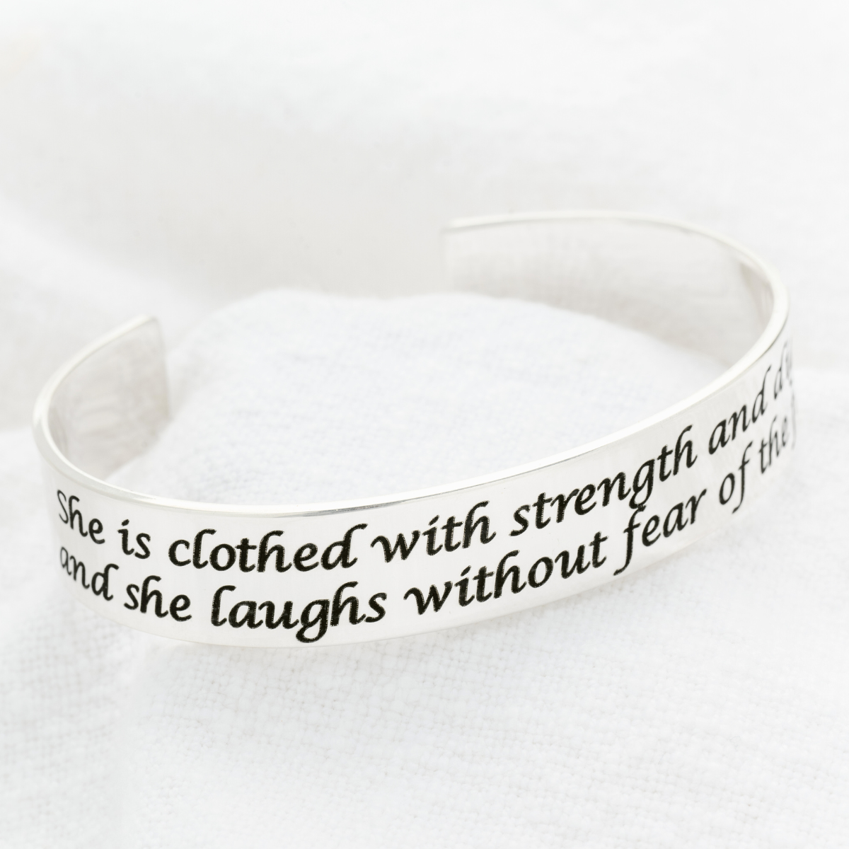 Proverbs 31:25 Engraved Cuff Bracelet | Sterling Silver or 14k Gold