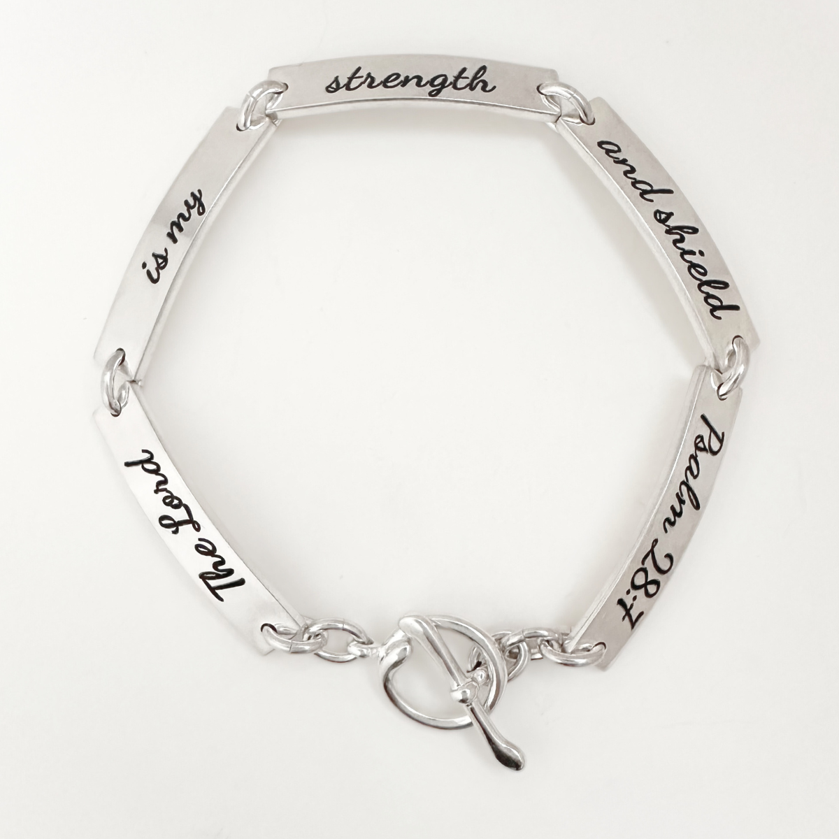 Sterling Silver Psalm 28:7 Link Bracelet | The Lord Is My Strength and Shield 7 3/4 (Average)