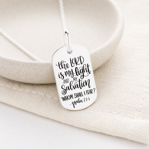 Sterling Silver Dog Tag Pendant Necklace | Psalm 27:1 | The Lord is My Light
