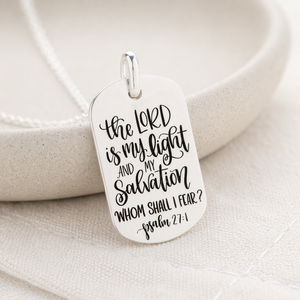 Sterling Silver Dog Tag Pendant Necklace | Psalm 27:1 | The Lord is My Light