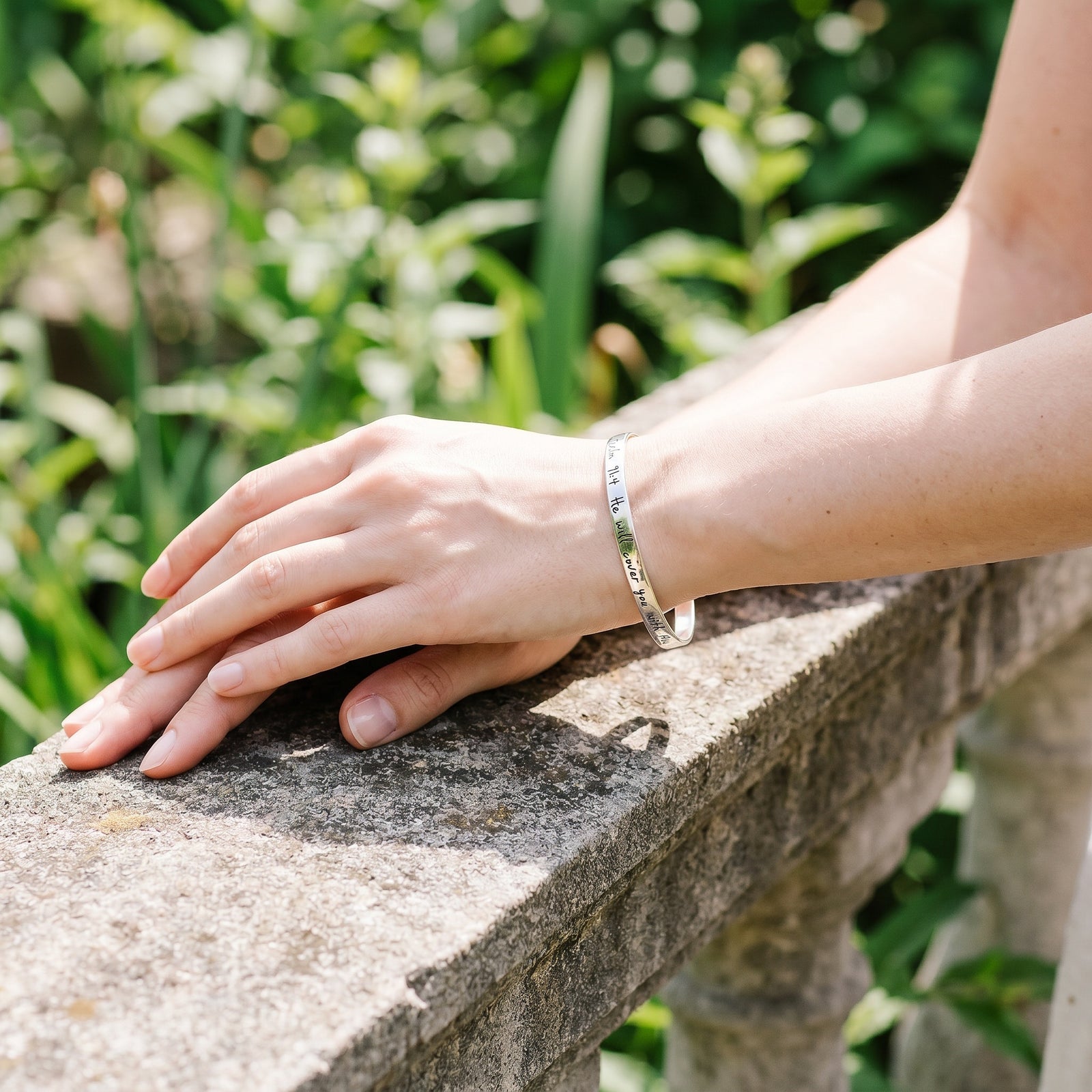Psalm 91:4 Sterling Silver Bangle Bracelet | He Will Cover You With His Feathers