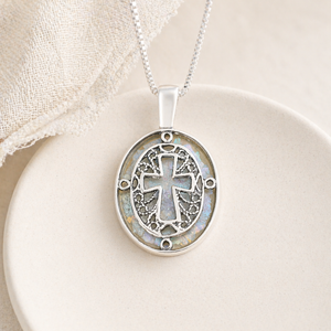 Sterling Silver Ancient Roman Glass Filigree Cross Necklace