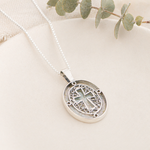 Sterling Silver Ancient Roman Glass Filigree Cross Necklace