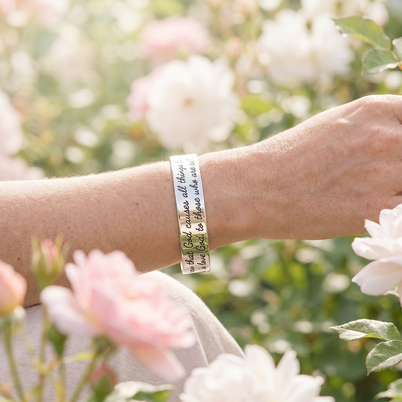 God Works All Things Together Engraved Cuff Bracelet | Romans 8:28 | Sterling Silver or 14k Gold