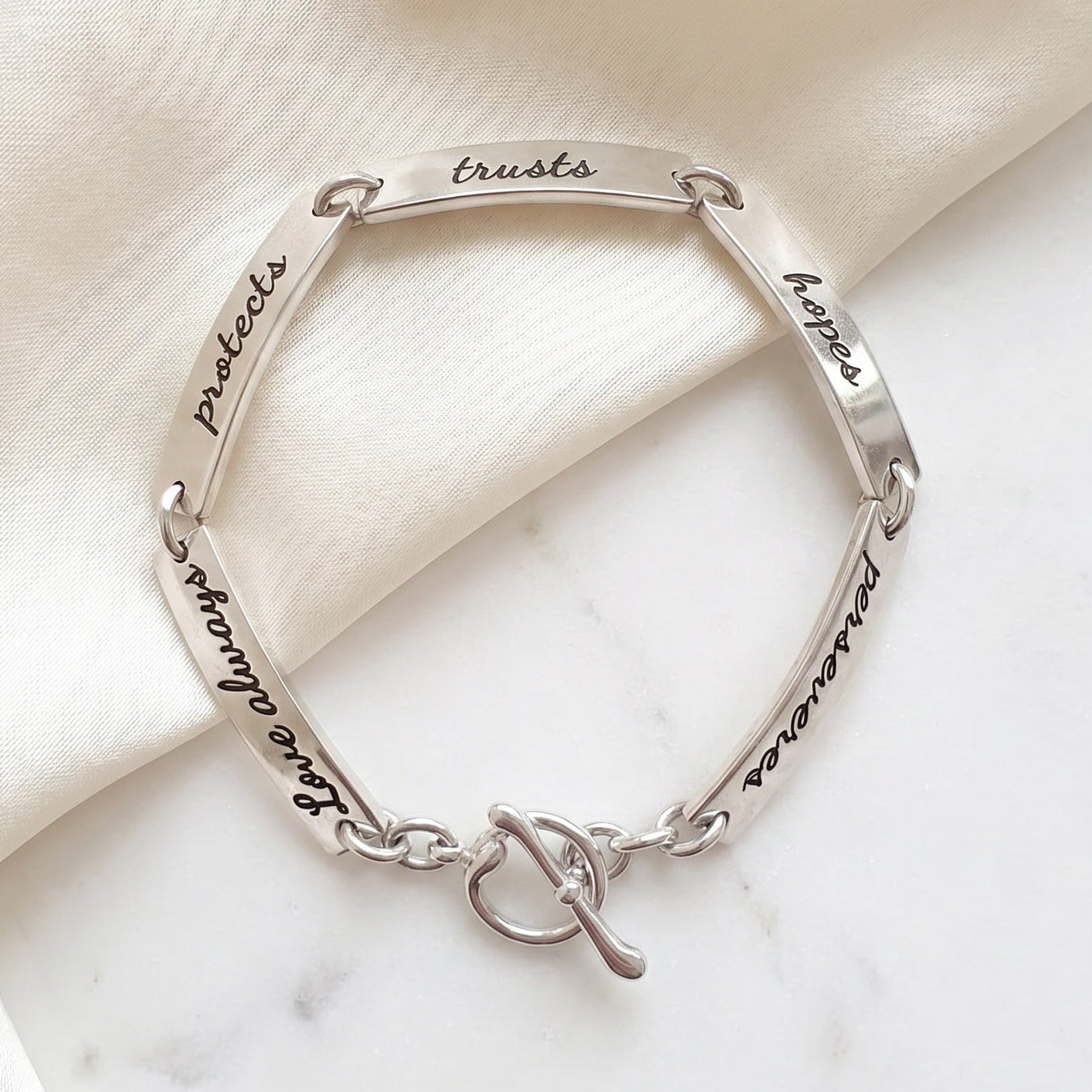1 corinthians 13 engraved sterling silver link bracelet