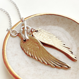 Sterling Silver Toggle Charm Necklace | Bronze Angel Wings