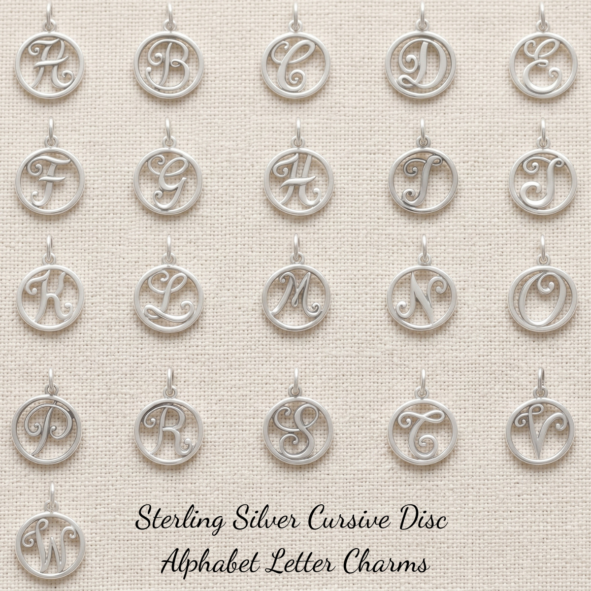 Sterling Silver Initial Charms | Cursive Disc Alphabet Letter Charm