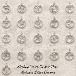 Sterling Silver Initial Charms | Cursive Disc Alphabet Letter Charm