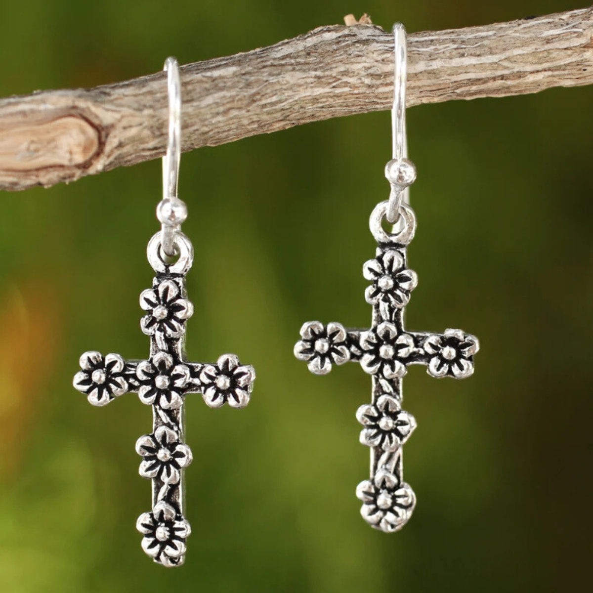 Sterling Silver Flowering Cross Earrings