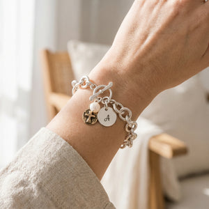 Sterling Silver Link Charm Bracelet | Initial Disc, Bronze Cross & Freshwater Pearl Charms