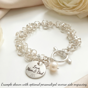 Sterling Silver Ringlet Charm Bracelet | Engraved Scripture & Freshwater Pearl Charms | Custom Options Available