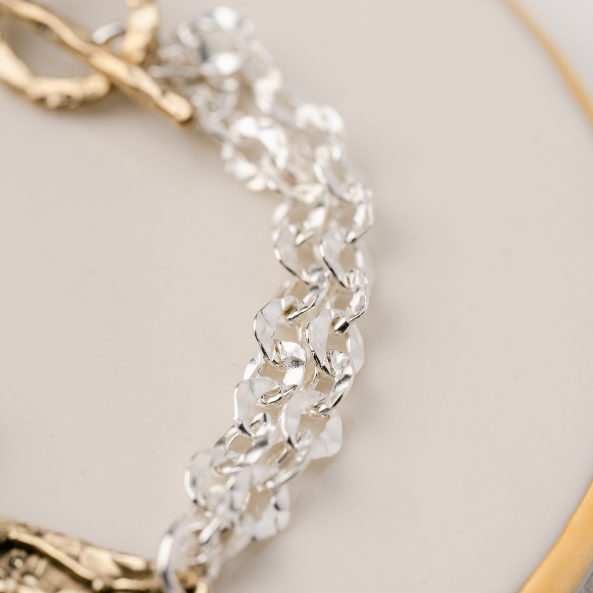 Sterling Silver Hammered Link Bracelet | Bronze Flowering Cross