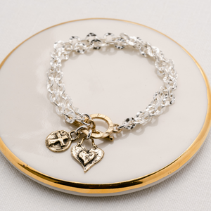 Sterling Silver Hammered Link Bracelet | Bronze Cross & Heart Charms