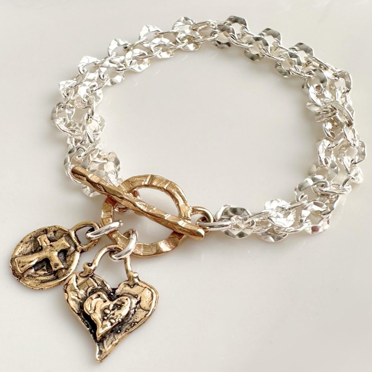 Sterling Silver Hammered Link Bracelet | Bronze Cross & Heart Charms 7.5 (Average)