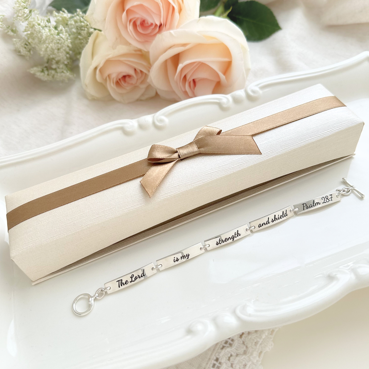 Sterling Silver Psalm 28:7 Link Bracelet | The Lord is my Strength and Shield