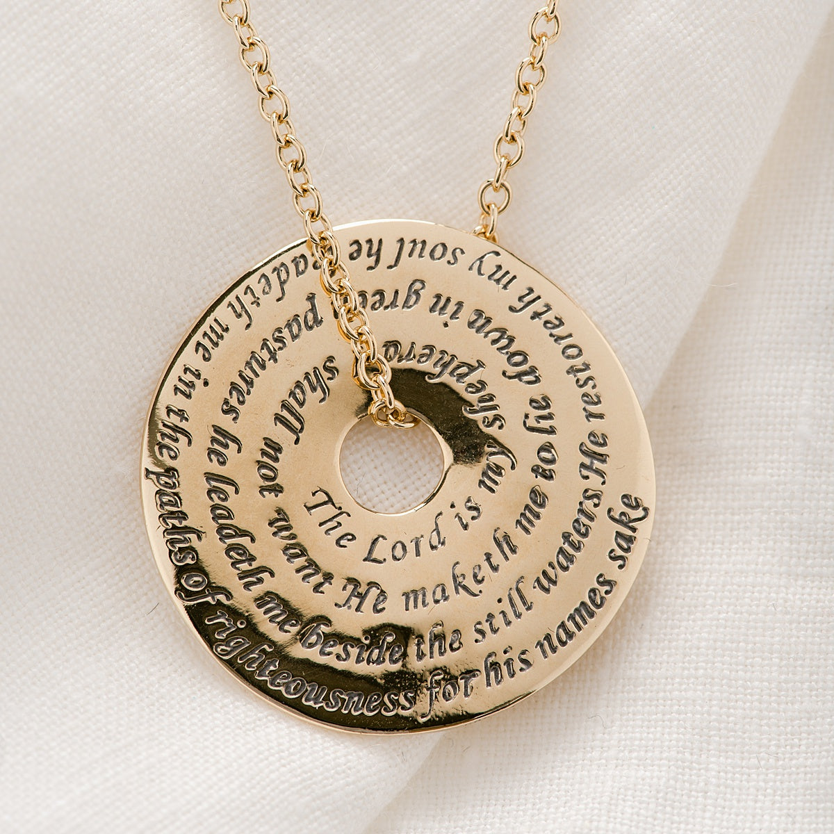 14k Gold Psalm 23 Pi Disc Scripture Verse Necklace | The Lord is My Shepherd