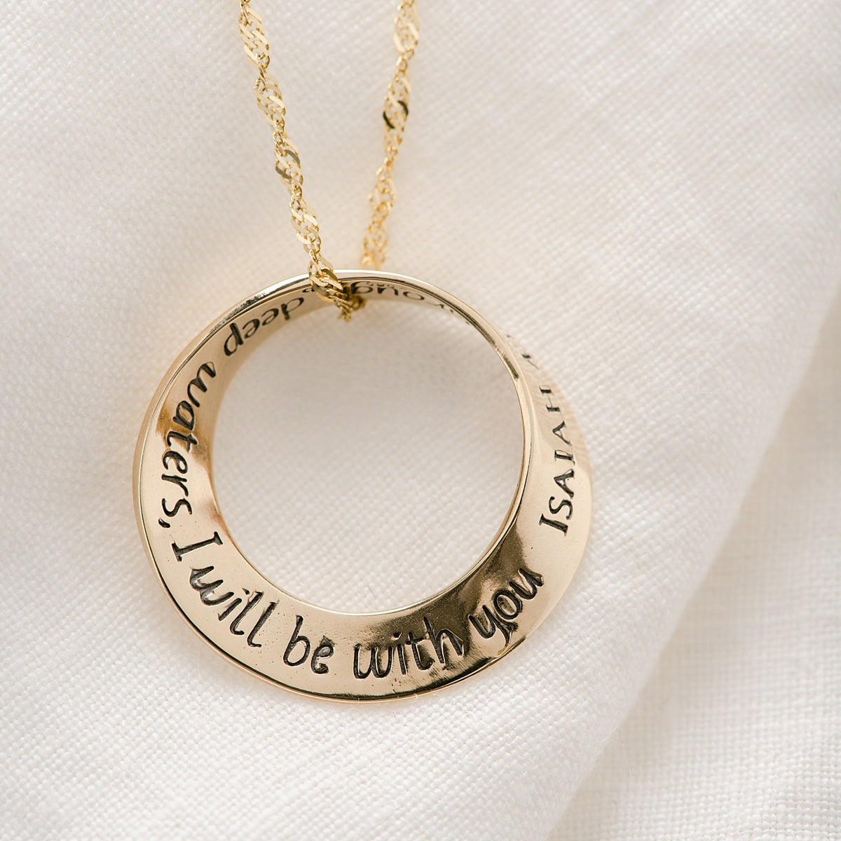 14k Gold Mobius Twist Pendant Necklace | When You Go Through Deep Waters | Isaiah 43:2