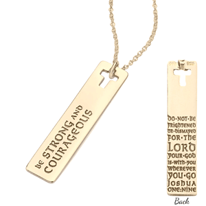 14k Gold Strong and Courageous Scripture Necklace | Joshua 1:9