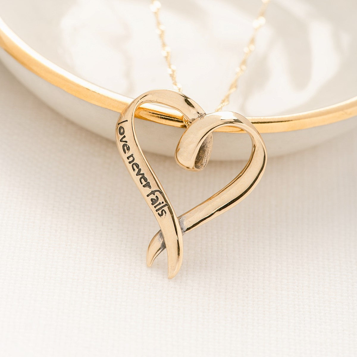 14k Gold Love Never Fails Heart Necklace | 1 Corinthians 13