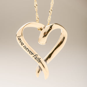 14k Gold Love Never Fails Heart Necklace | 1 Corinthians 13