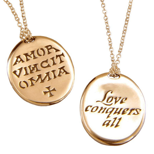 Love Conquers All 14k Gold Necklace | English & Latin Inscription