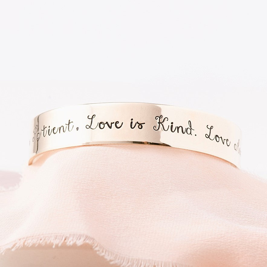 1 Corinthians 13 Gold Brass Engraved Cuff Bracelet | Love is patient...