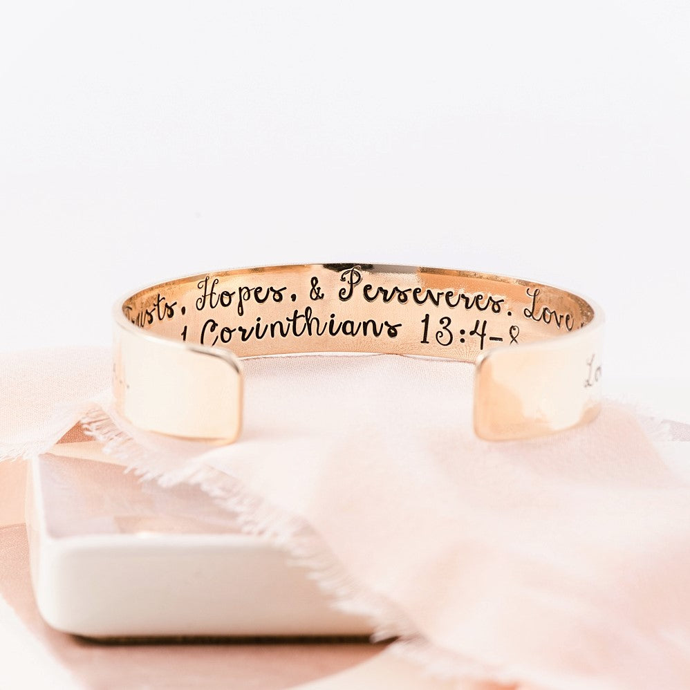 1 Corinthians 13 Gold Brass Engraved Cuff Bracelet | Love is patient...