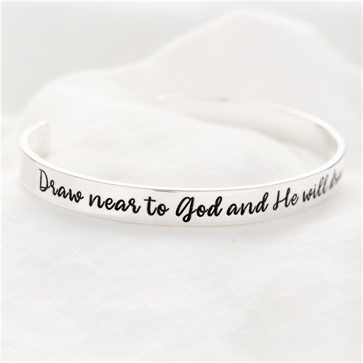 James 4:8 Engraved Cuff Bracelet | Draw Near to God | Sterling Silver or 14k Gold