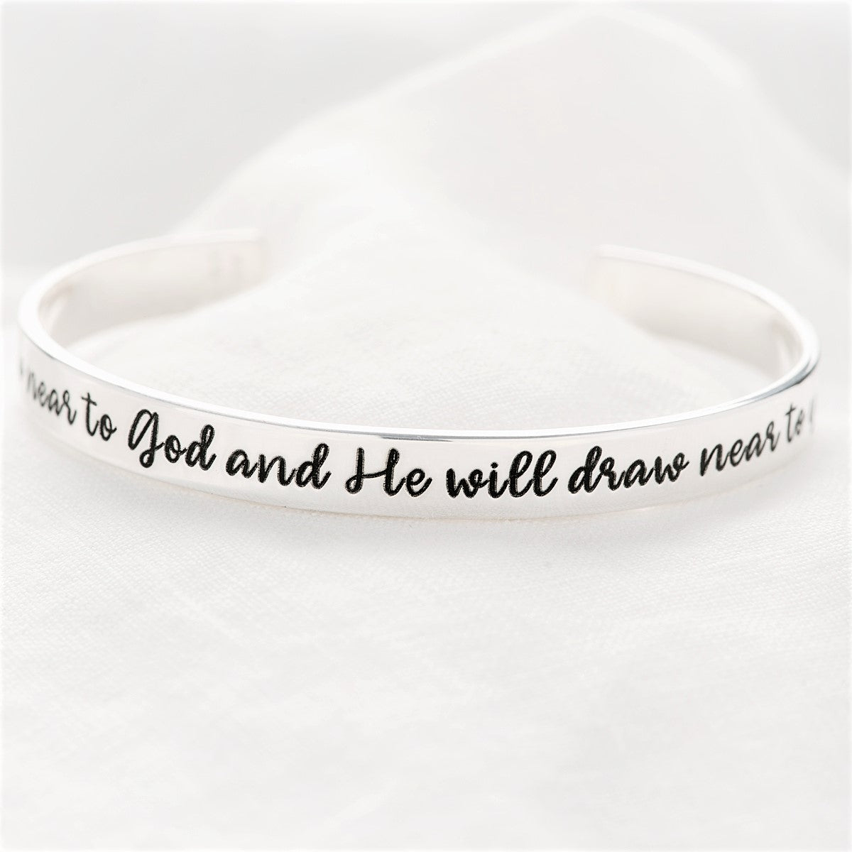 James 4:8 Engraved Cuff Bracelet | Draw Near to God | Sterling Silver or 14k Gold