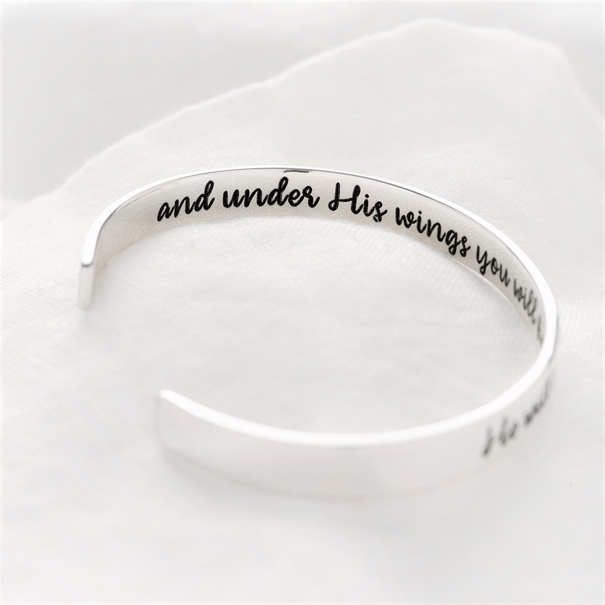 Psalm 91:4 Cuff Bracelet | He Will Cover You with His Feathers | Sterling Silver or 14K Gold .925 Sterling Silver / 5 (Youth)