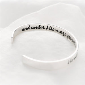 Psalm 91:4 Cuff Bracelet | He Will Cover You With His Feathers | Sterling Silver or 14k Gold