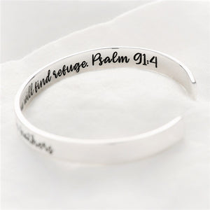 Psalm 91:4 Cuff Bracelet | He Will Cover You With His Feathers | Sterling Silver or 14k Gold