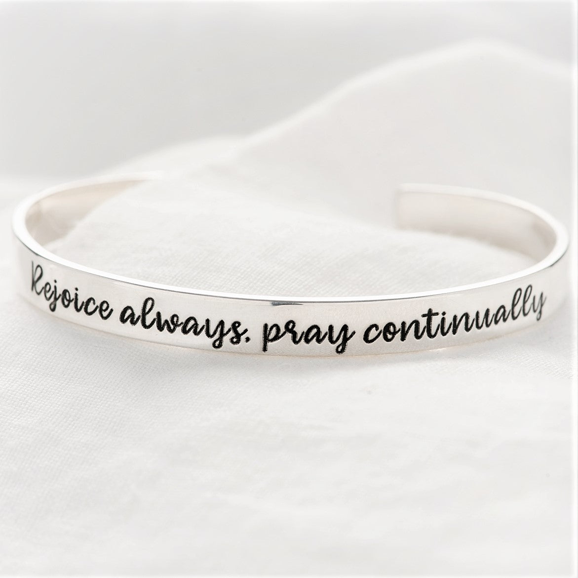 Rejoice Always, Pray Continually Engraved Scripture Verse Cuff Bracelet | Sterling Silver or 14k Gold