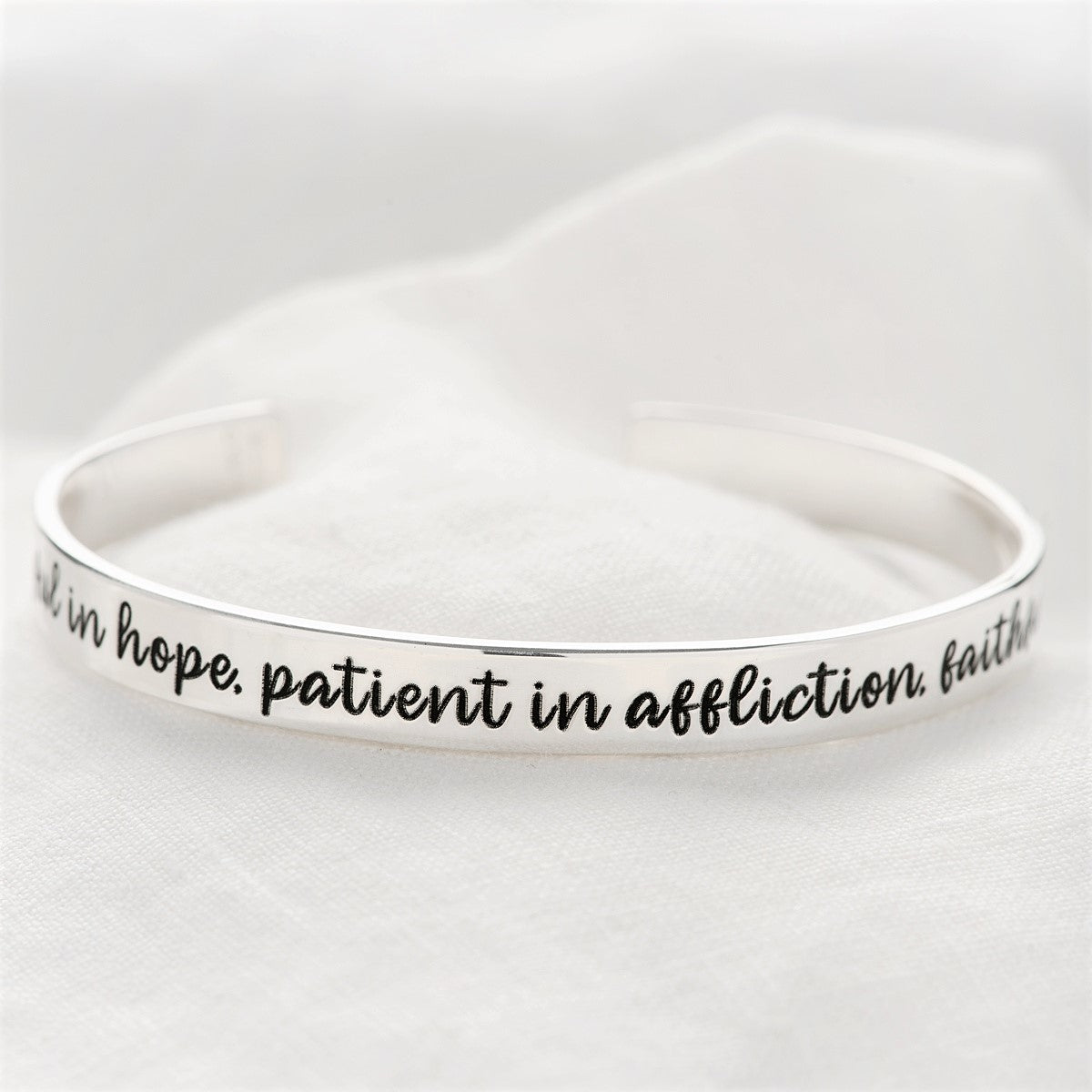 Romans 12:12 Scripture Verse Cuff Bracelet | Sterling Silver or 14k Gold