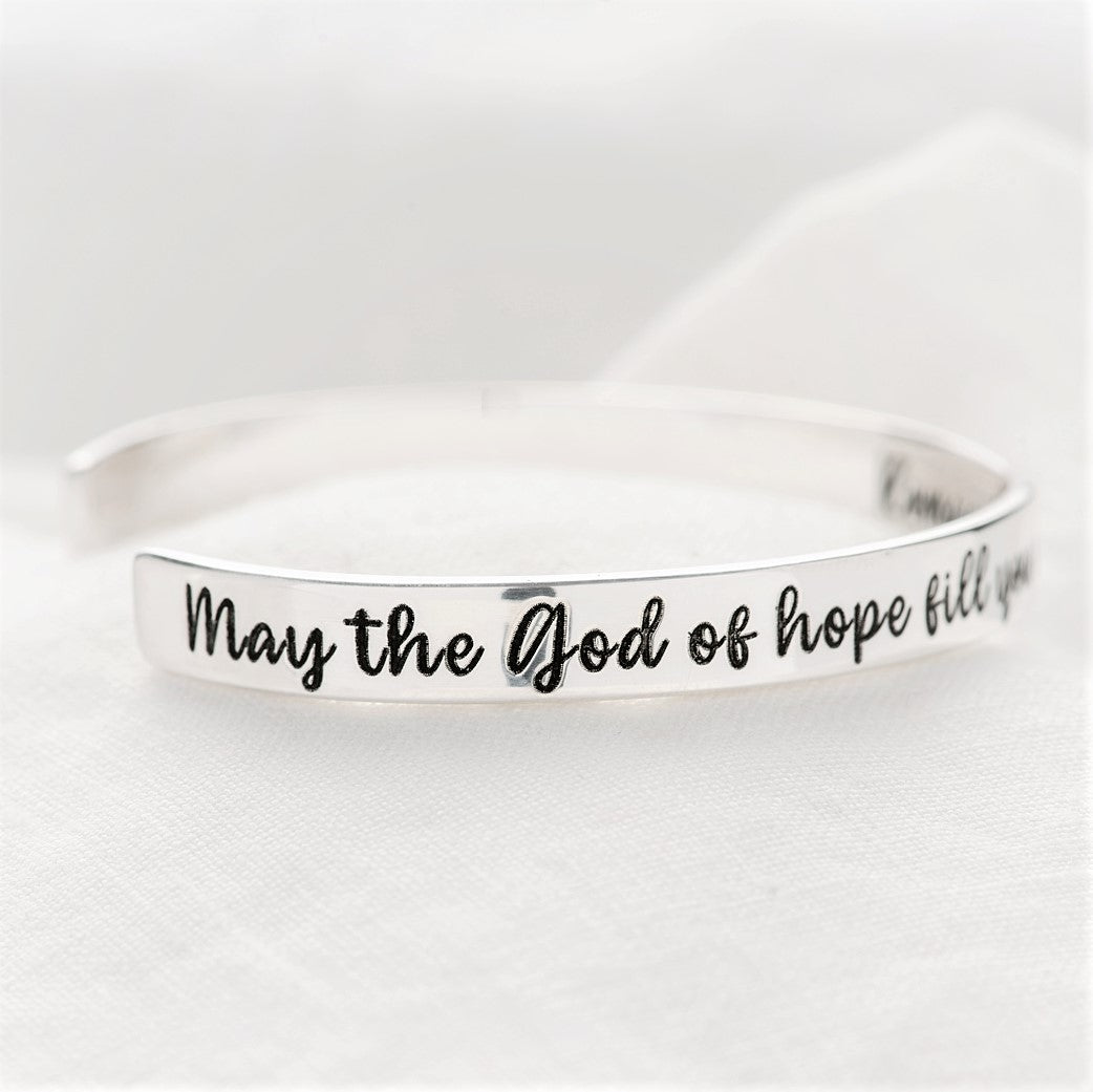 STERLING SILVER Engraved Bible Verse Cuff Bracelet | May the God of Hope Fill You with All Joy & 2024 Peace | Romans 15:13 Blessing Bracelet