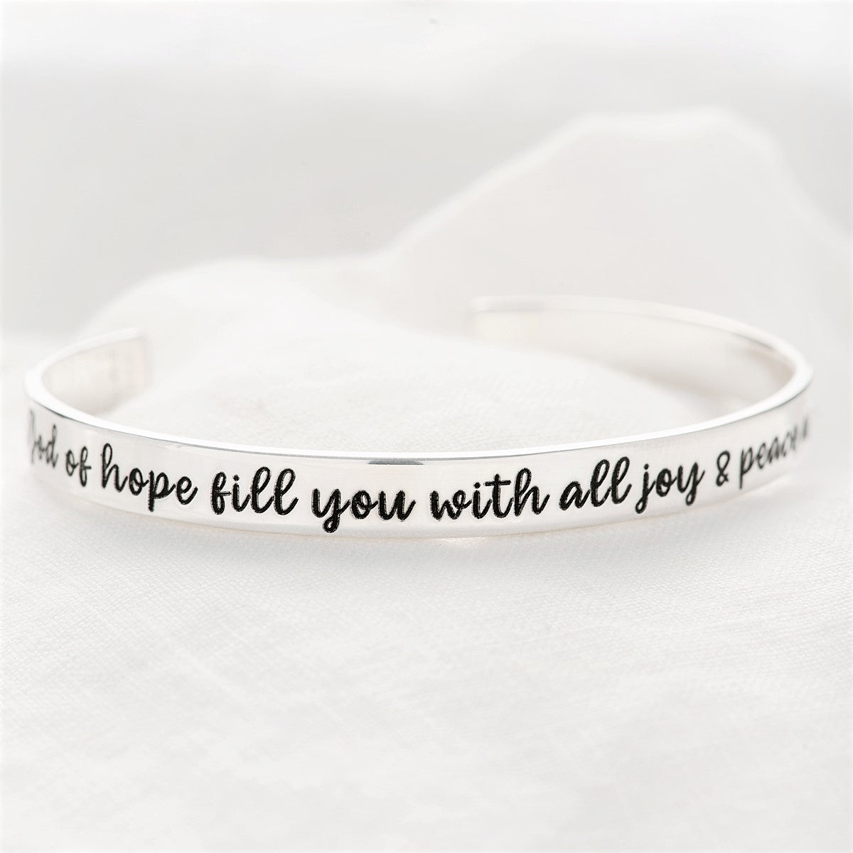 Joy & Peace Engraved Scripture Verse Cuff Bracelet | Romans 15:13 | Sterling Silver or 14k Gold