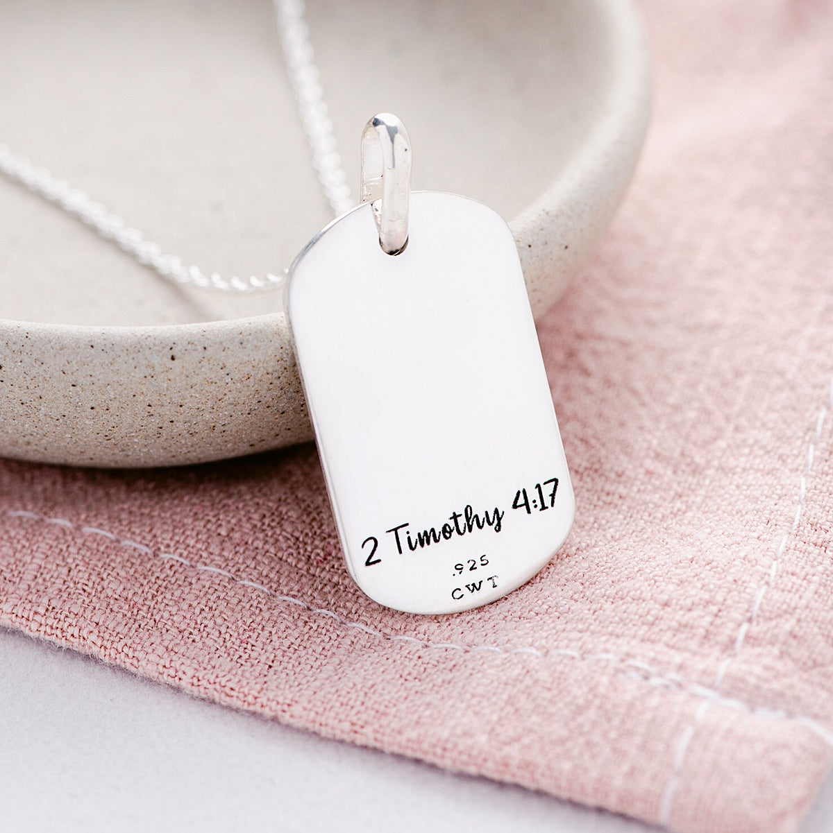 Sterling Silver Dog Tag Pendant Necklace | 2 Timothy 4:17 | The Lord Gives Me Strength