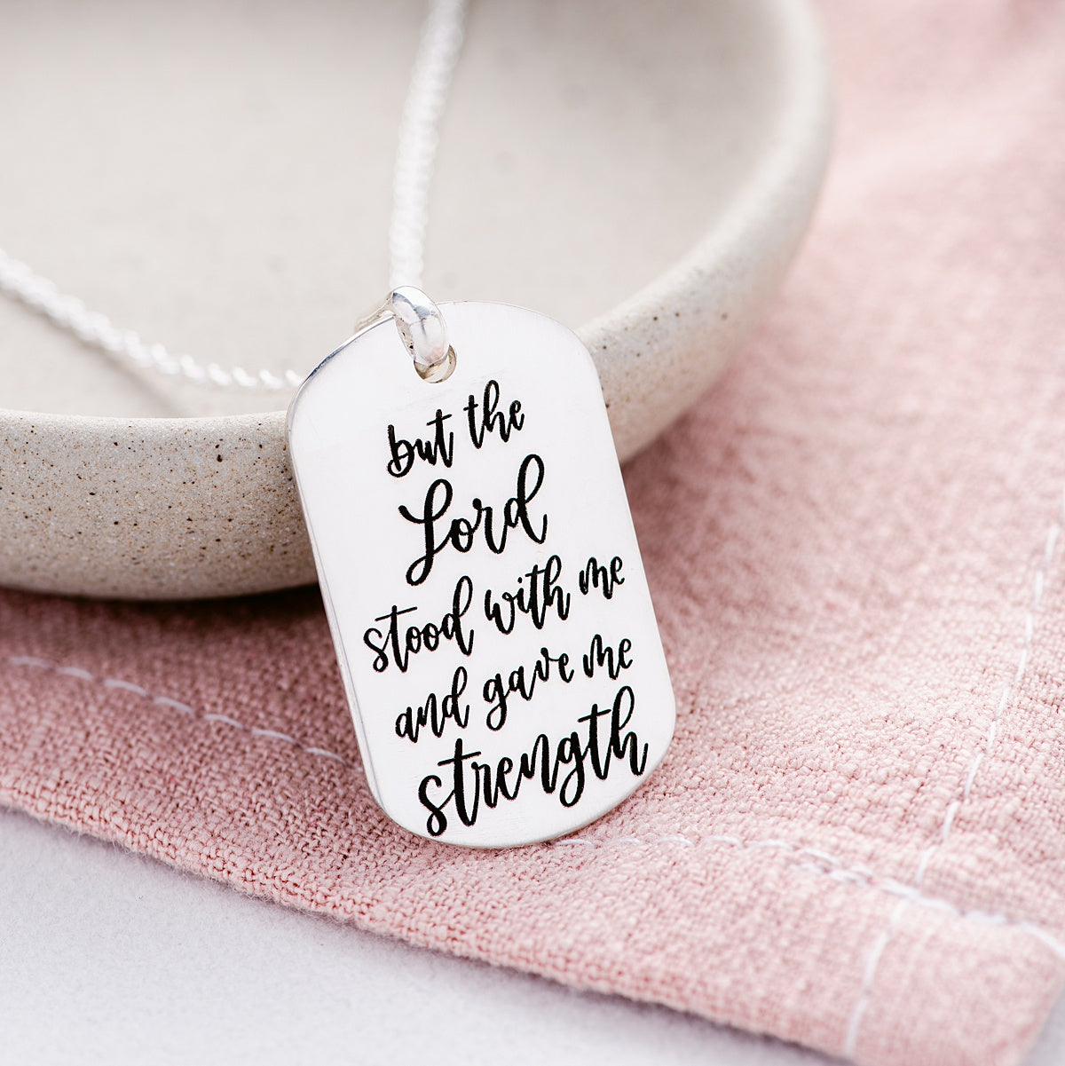Sterling Silver Dog Tag Pendant Necklace | 2 Timothy 4:17 | The Lord Gives Me Strength