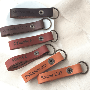 Genuine Leather Engraved Scripture Verse Keyring - Full Verse & Reference