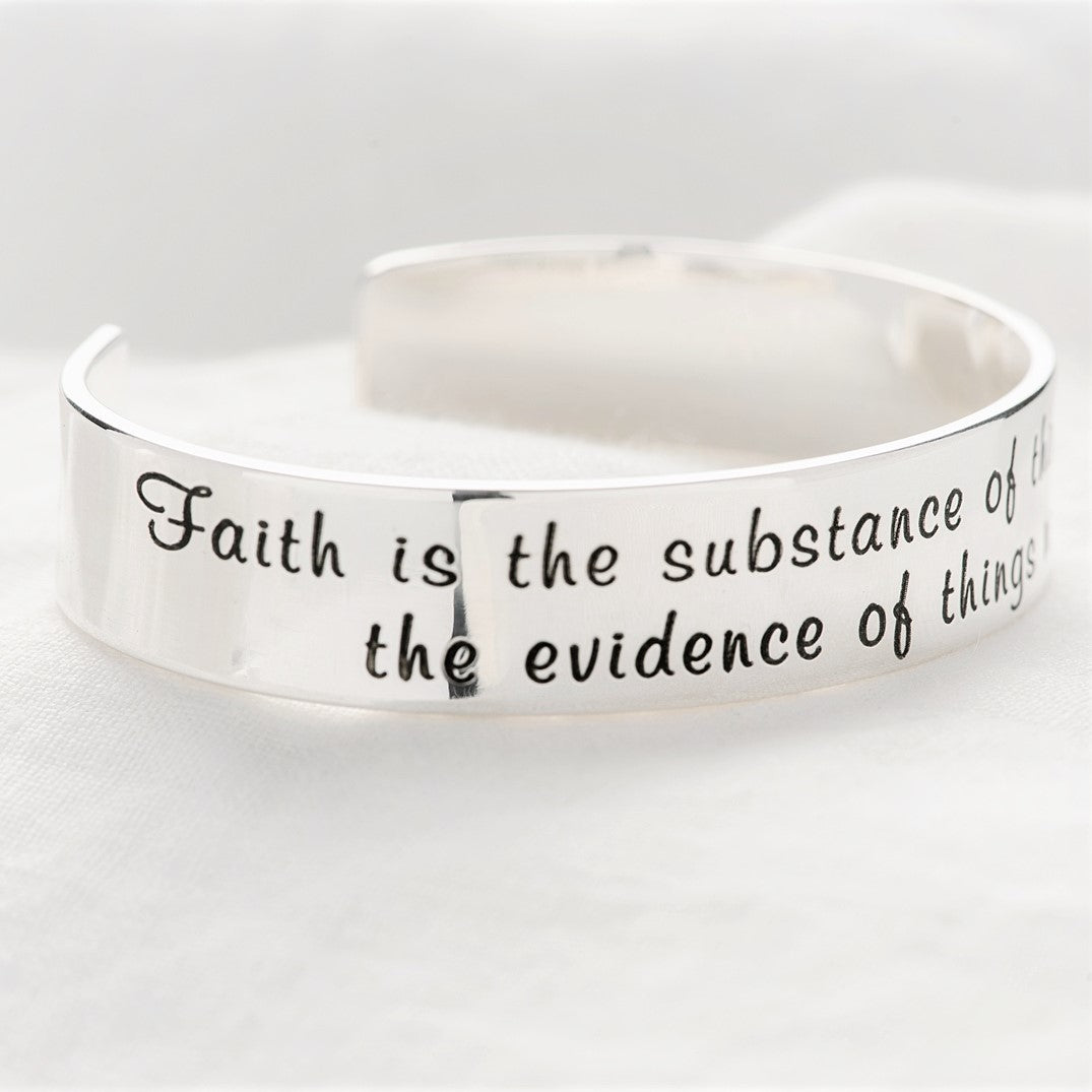 Hebrews 11:1 Engraved Scripture Verse Cuff Bracelet | Sterling Silver or 14k Gold