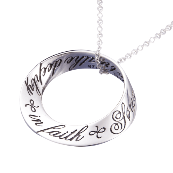 14k White Gold Breathe Deeply in Faith Mobius Twist Prayer Necklace