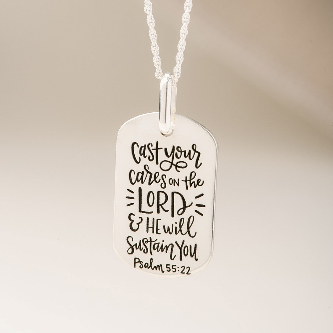 Sterling Silver Dog Tag Pendant Necklace | Psalm 55:12 | Cast Your Cares