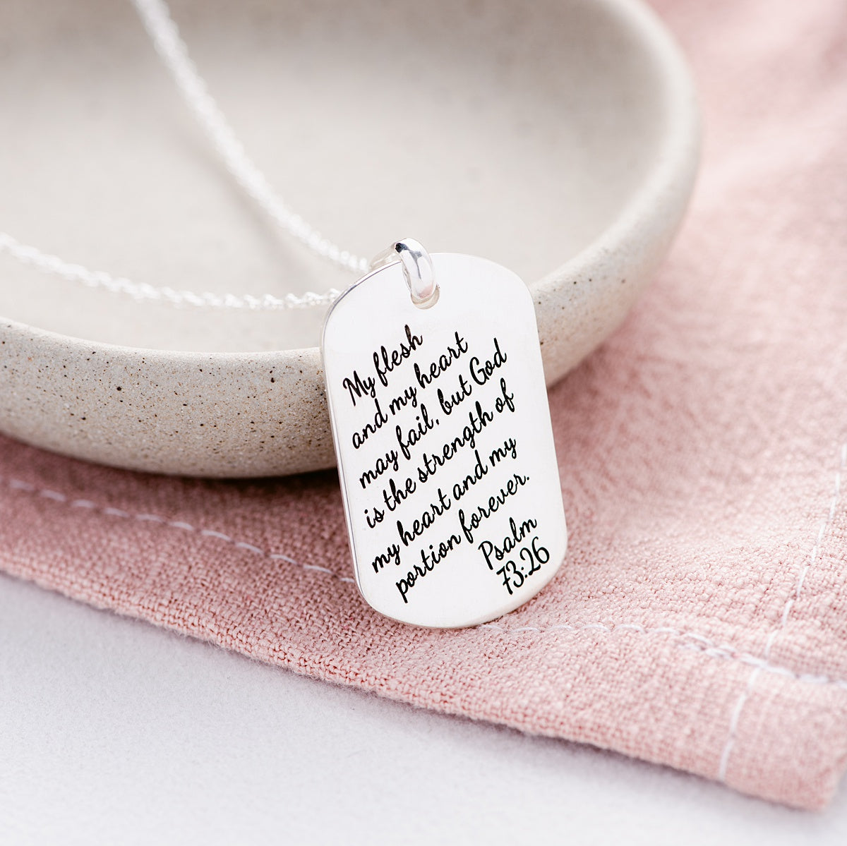 Sterling Silver Dog Tag Pendant Necklace | Psalm 73:26 | God is the Strength of My Heart