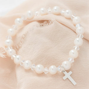 Freshwater Pearl and Swarovski Crystal Children's Bracelet with Sterling Silver Cross Charm