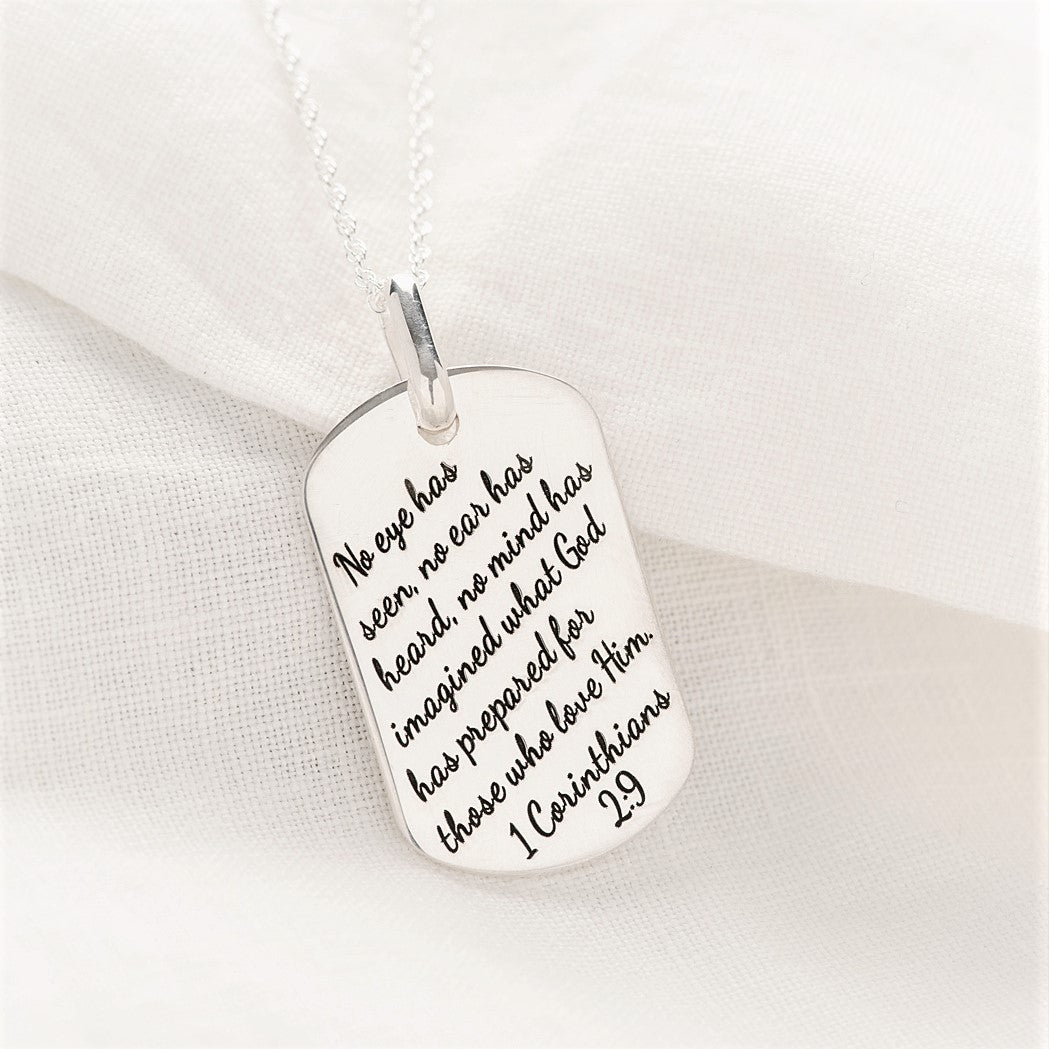 Sterling Silver Dog Tag Pendant Necklace | 1 Corinthians 2:9 | Those Who Love God