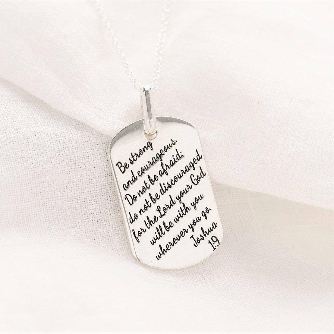 Sterling Silver Strong and Courageous Dog Tag Pendant Necklace | Joshua 1:9