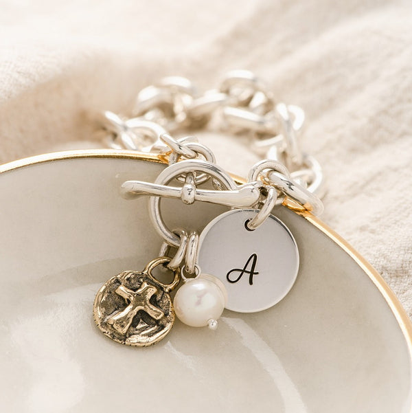 Sterling Silver Bracelet | Initial, Cross & Freshwater Pearl Charms