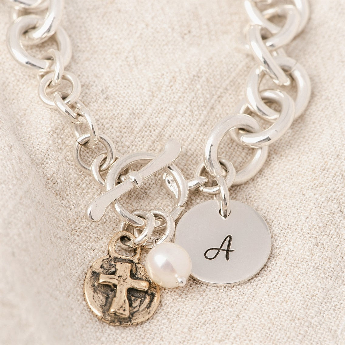 Sterling Silver Link Charm Bracelet | Initial Disc, Bronze Cross & Freshwater Pearl Charms 7.5 (Average)