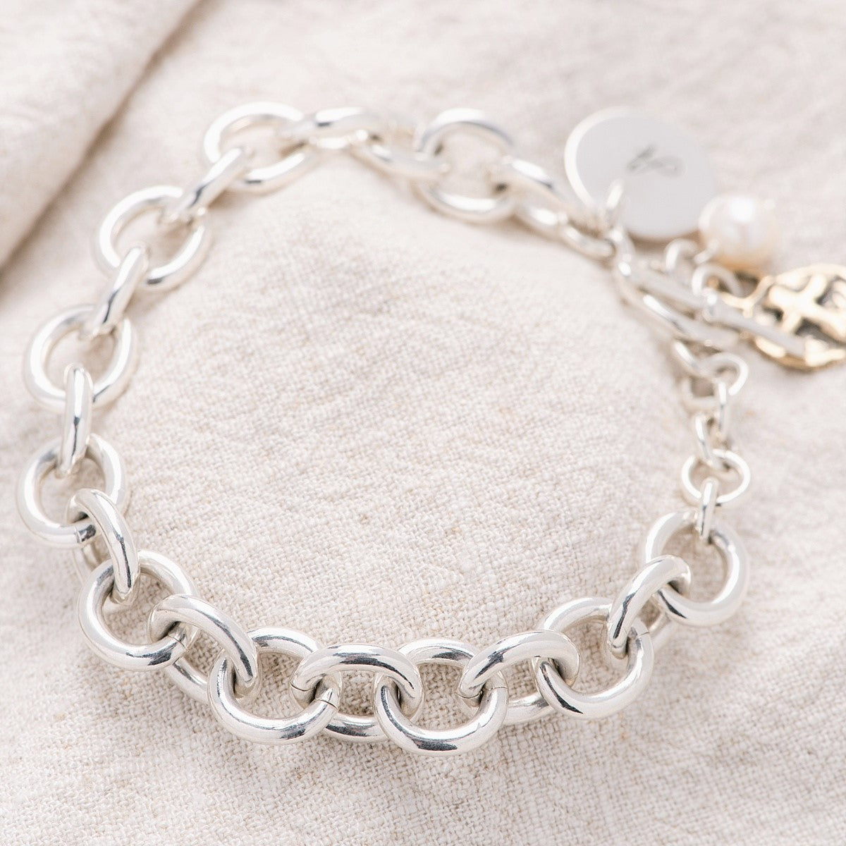 Sterling Silver Bracelet | Initial, Cross & Freshwater Pearl